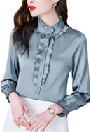 Sweejim Fashion Ruffles Long Sleeve Blouses Women Elegant Office Satin Shirts Basic Tops    S4710736 - TUZZUT Qatar Online Shopping