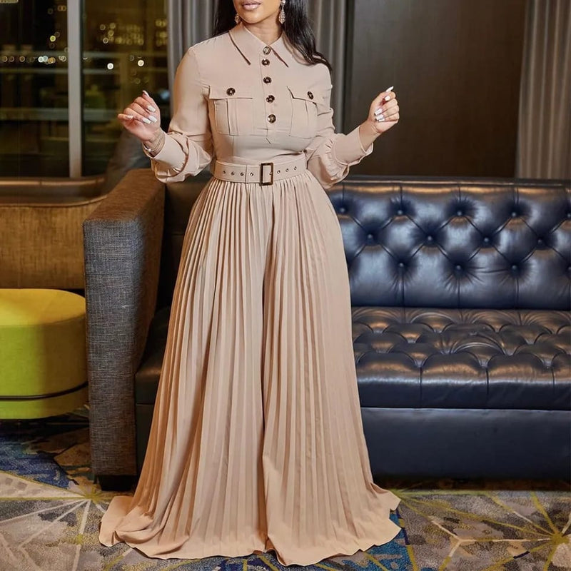 Long Sleeve Turn Down Collar Button Jumpsuit with Belt Slim Elegant Pleated Wide Leg Pants Rompers OL Office Ladies L S4823577 - Tuzzut.com Qatar Online Shopping