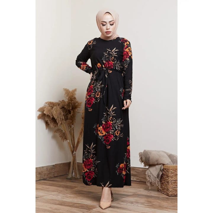 Women's Black Floral Patterned Hijab Dress S264733 Women's Black Floral Patterned Hijab Dress S264733