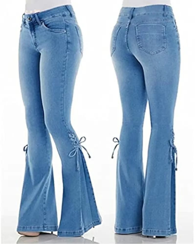 Women Jeans Mid Waist Side Pockets Slimming Casual Party Street Wide Leg Lace Up Bell Bottom Pants S4057094 Women Jeans Mid Waist Side Pockets Slimming Casual Party Street Wide Leg Lace Up Bell Bottom Pants S4057094