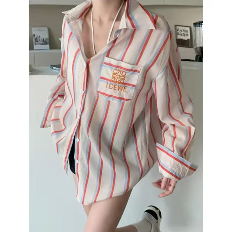 Korean Striped Long Sleeve Blouse Coat L9600 - TUZZUT Qatar Online Shopping