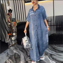 Retro Electronic Print Imitation Denim Dress New Women's Lapel Casual Loose MS011913