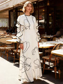 Loose Contrast Color Falbala Flower Print Hollow Zipper Maxi Dresses 150242 - TUZZUT Qatar Online Shopping