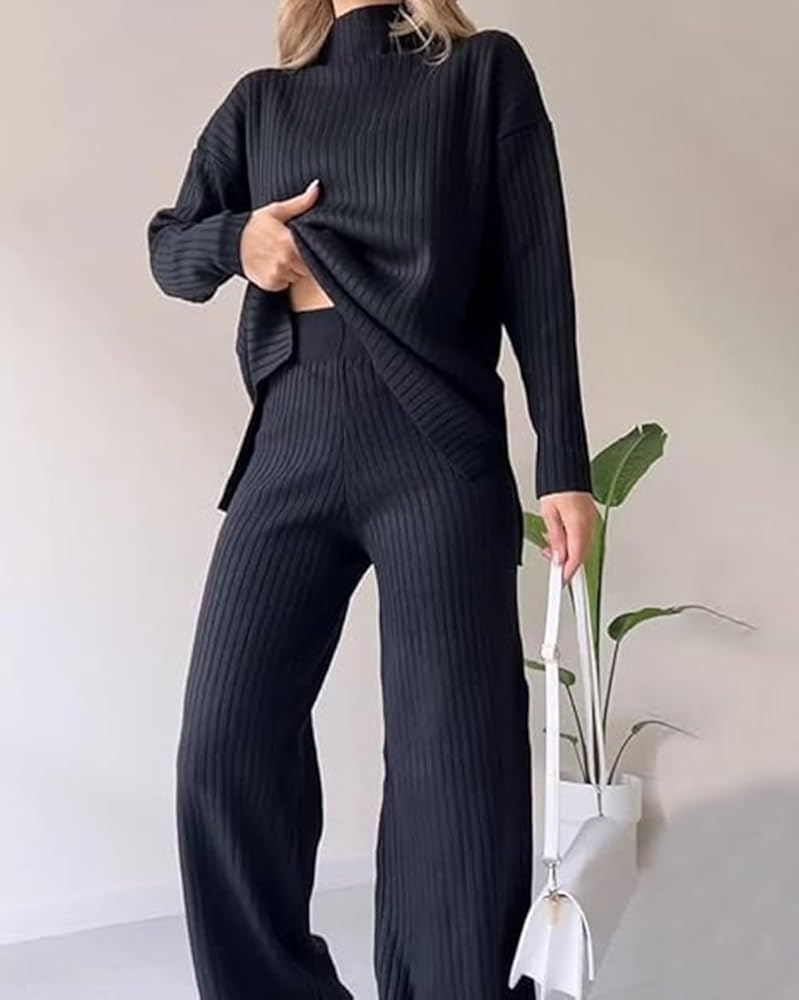 Casual Two-Piece Set,Women Casual Long Sleeve High Neck Knitted Sweater Wide Leg Pant Sweatsuit Lounge Sets B196966 Casual Two-Piece Set,Women Casual Long Sleeve High Neck Knitted Sweater Wide Leg Pant Sweatsuit Lounge Sets B196966
