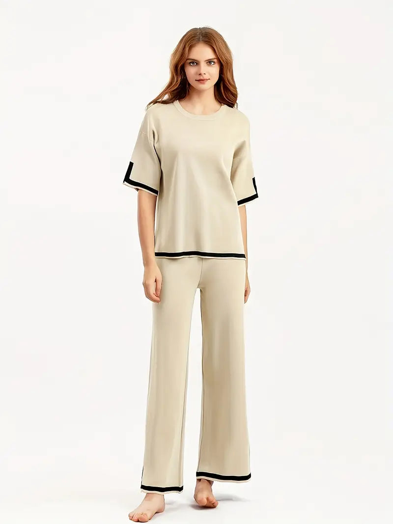 Short Sleeve Knit Pullover Top High Waist Wide Leg Pant 54804 - TUZZUT Qatar Online Shopping