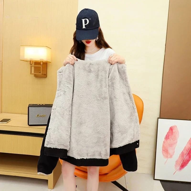 Plus Velvet Warm Hooded Denim Jackets Women Casual Letter Loose Black Jean Coats Oversize Patchwork Fleece Liner Winter Outwear S S4794977 - Tuzzut.com Qatar Online Shopping