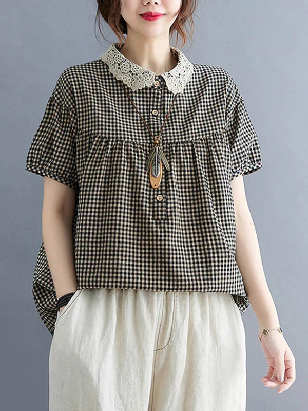 Cotton Blend Plaid Polo Puff Sleeve T-Shirts Tops 3XL 81632 Cotton Blend Plaid Polo Puff Sleeve T-Shirts Tops 3XL 81632