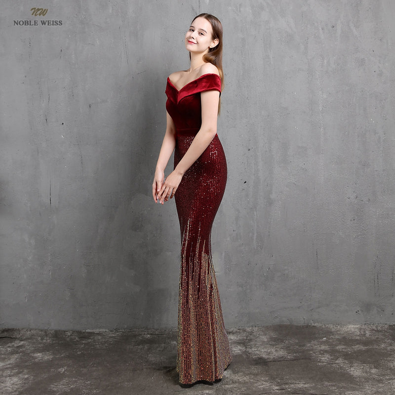 Evening Dresses Boat Neck Dresses Woman Party Night Floor-Length Sequined Mermaid Prom Dress XL B-44774