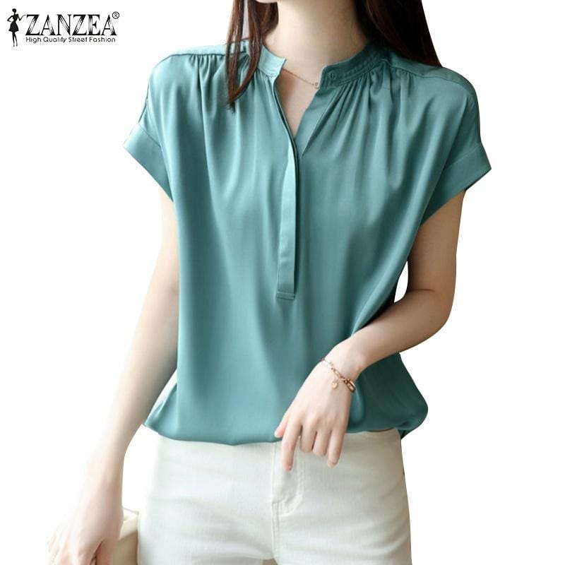Zanzea V-Neck Casual Blouses Short Sleeves Solid Color Formal Summer Fashion for women S4646103 - Tuzzut.com Qatar Online Shopping