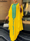 VONDA Summer Sundress Women Bohemian Casual Loose Printed Party Maxi Dress Elegant Ruffled 3/4 Bat Sleeve Beach Robe Femme L S4700128 - Tuzzut.com Qatar Online Shopping