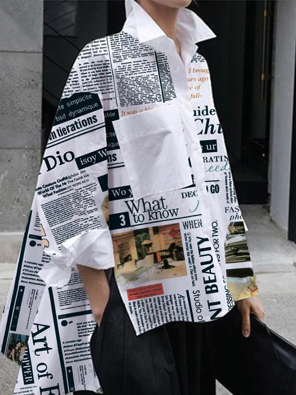 High-Low Long Sleeves Letter Print Pockets Split-Side Lapel Blouses S 124639 High-Low Long Sleeves Letter Print Pockets Split-Side Lapel Blouses S 124639