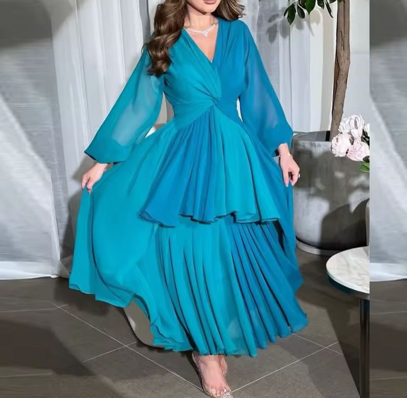 V-Neck Chiffon Formal Evening Gowns Puffy Sleeves Dresses Party Women S4897838 V-Neck Chiffon Formal Evening Gowns Puffy Sleeves Dresses Party Women S4897838