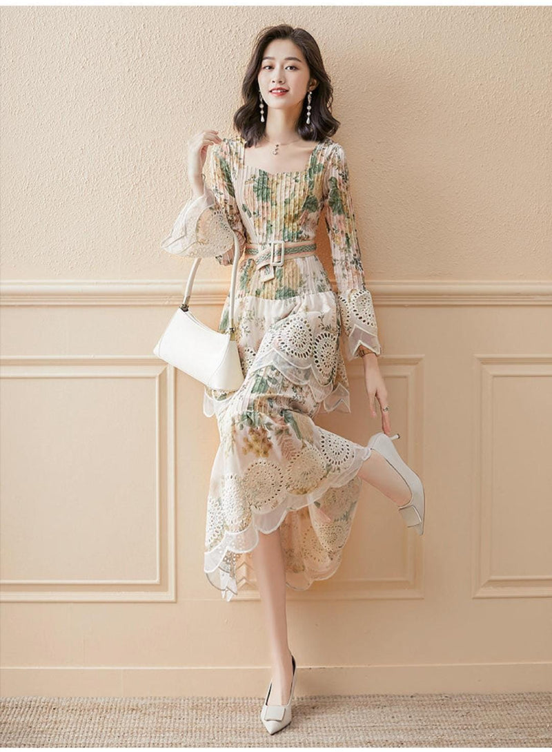 New elegant women long dress chiffon floral print dress attractive slim cake dress for ladies S4567983 - Tuzzut.com Qatar Online Shopping