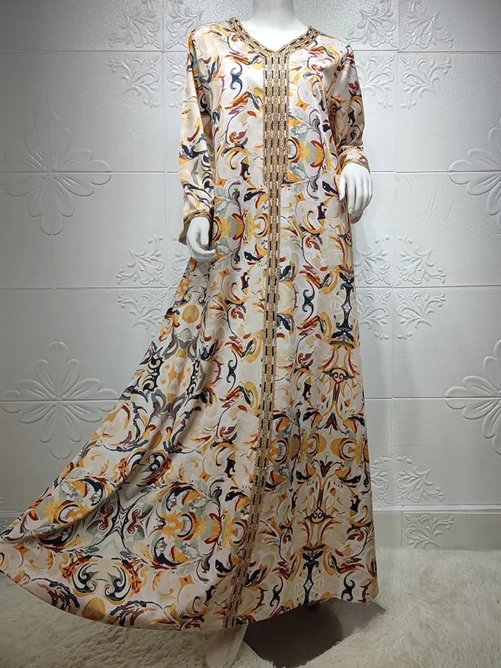 Eid Print Arabian Jalabiya Long Dress Women Sequins Moroccan Party Caftan Islam Dubai Oman Gulf Gown Abaya Muslim Ramadan Kaftan 2XL S4427644