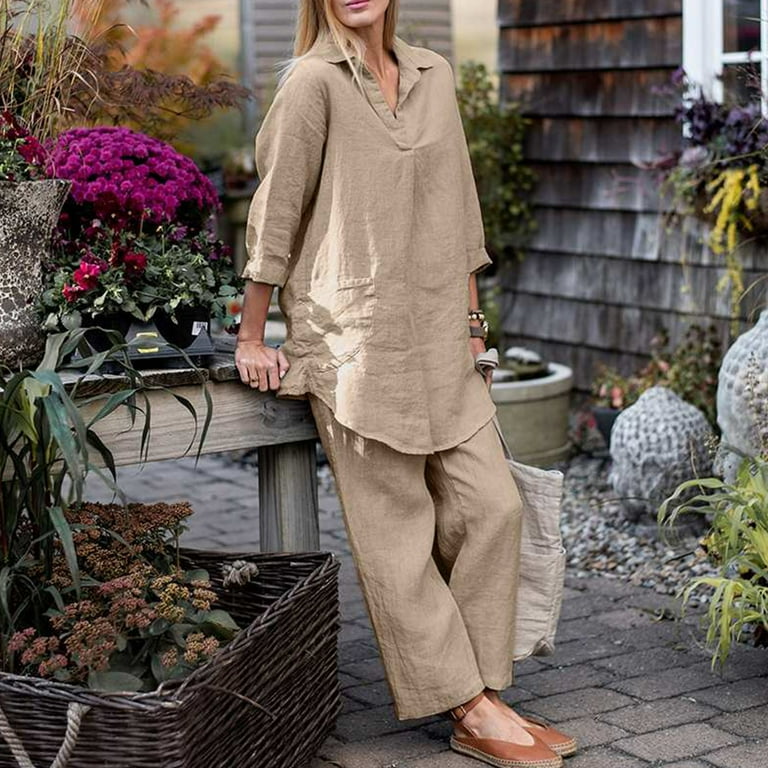Plus Size Cotton Linen Outfits for Women 2 Piece V-Neck Blouse Wide Leg Pants Suits Solid Loose Casual Sets B93767 Plus Size Cotton Linen Outfits for Women 2 Piece V-Neck Blouse Wide Leg Pants Suits Solid Loose Casual Sets B93767