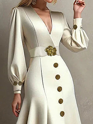 Loose Puff Sleeves Pleated Split-Joint Tied Waist V-Neck Midi Dresses 166824 Loose Puff Sleeves Pleated Split-Joint Tied Waist V-Neck Midi Dresses 166824