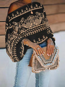 Simple Loose Off-The-Shoulder Geometric Printed Puff Sleeves T-Shirt Top 105555 - XL - TUZZUT Qatar Online Shopping