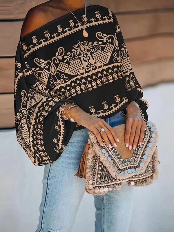 Simple Loose Off-The-Shoulder Geometric Printed Puff Sleeves T-Shirt Top 105555 - XL Simple Loose Off-The-Shoulder Geometric Printed Puff Sleeves T-Shirt Top 105555 - XL
