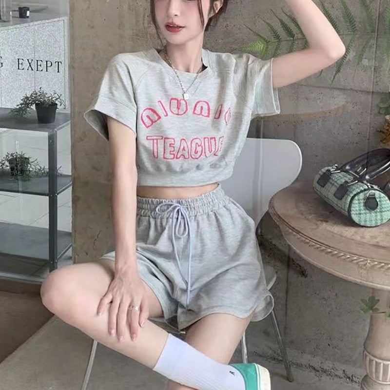 2 Pcs Women's Short Sleeve Letter/Number Shorts Set 427953 2 Pcs Women's Short Sleeve Letter/Number Shorts Set 427953
