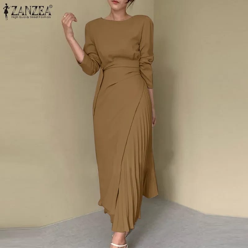 ZANZEA Fashion Long Sleeve Pleated Sundress Kaftan Elegant Women OL Work Dress Spring Solid Lace Up Long Vestido Robe Femme S4370966