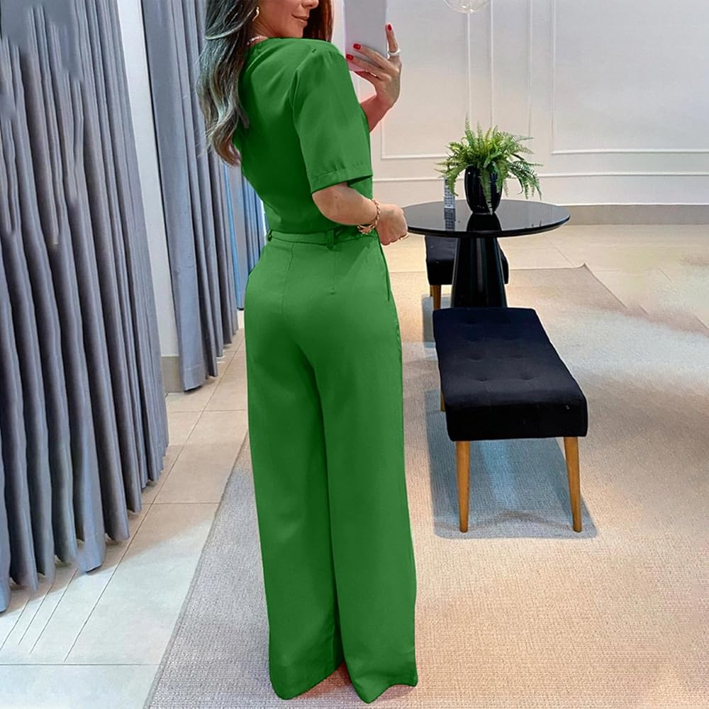 Women's 2 Piece Business Casual Outfits Solid Color Pants Sets Short Sleeve Crop Top and Wide Leg Dress Pants B306776 Women's 2 Piece Business Casual Outfits Solid Color Pants Sets Short Sleeve Crop Top and Wide Leg Dress Pants B306776