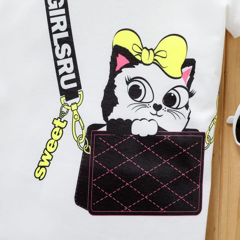 Kid Girl Cute Cat Bag Print Short-sleeve White Tee Dress 20431022 - Tuzzut.com Qatar Online Shopping