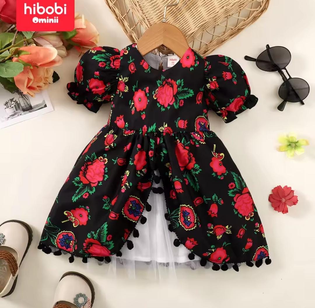 Baby Girl Spring Rose Printed Round Neck Mesh Dress 1430074 Baby Girl Spring Rose Printed Round Neck Mesh Dress 1430074