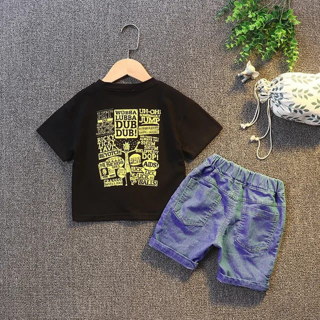 New Design Boys Boutique Clothing Casual Fashion Two-Piece Set Words Printing Cotton T-shirt Jeans Short Outfits For Baby Boy X4412289 - Tuzzut.com Qatar Online Shopping