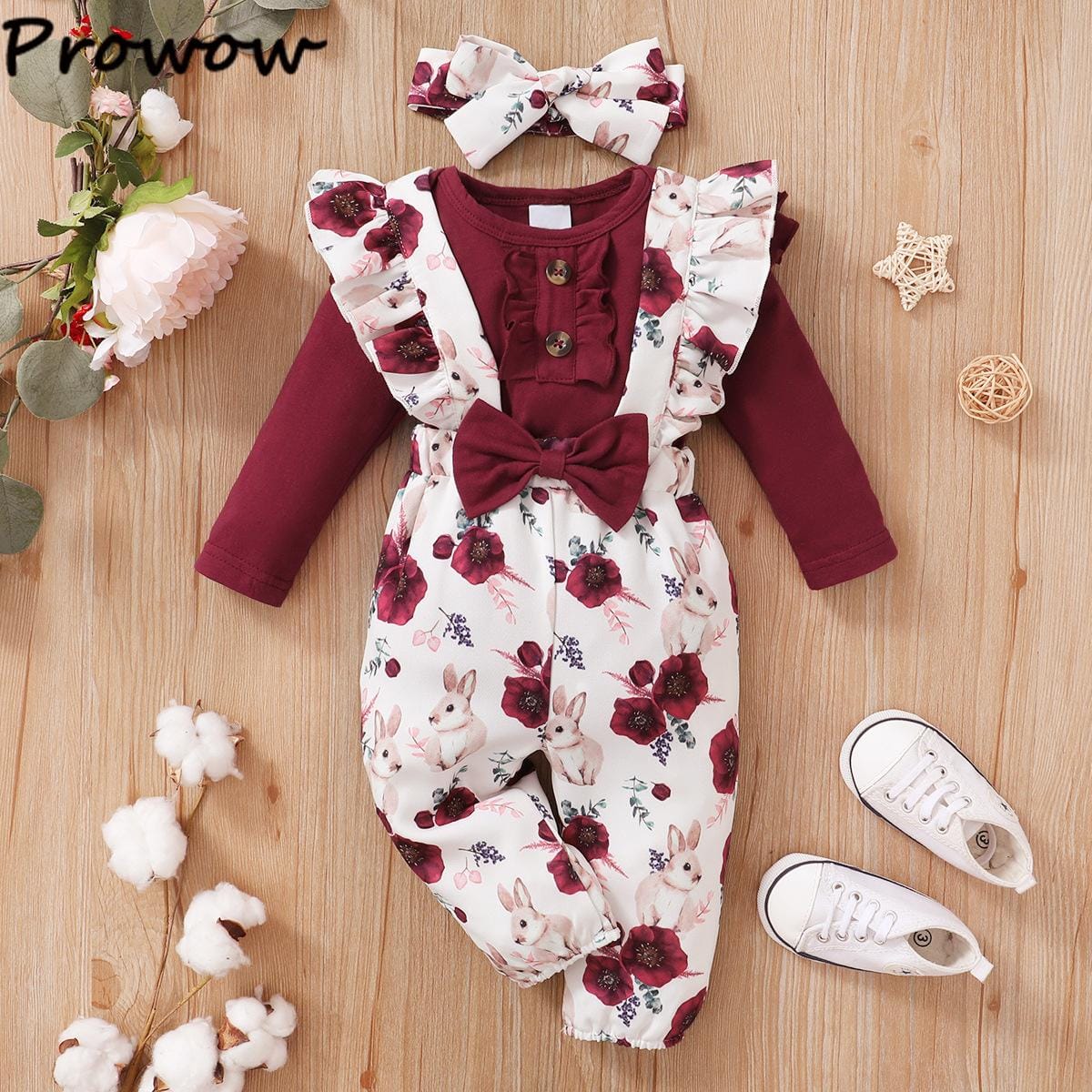 Girls Romper+Floral Rabbit Overalls Pants+Headband Sets 1378377 Girls Romper+Floral Rabbit Overalls Pants+Headband Sets 1378377
