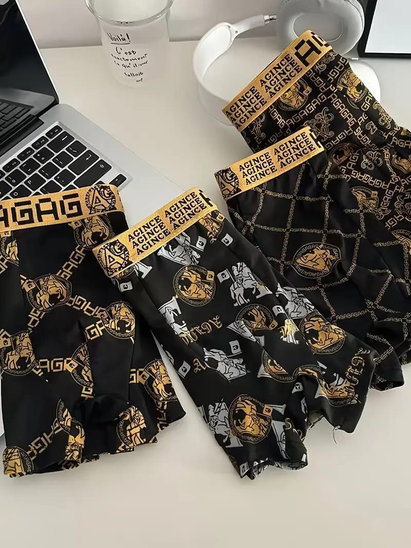 Men's 4 Pcs  Breathable Boxer Shorts, Black and Gold Printed Cotton Underwear S450 - TUZZUT Qatar Online Shopping