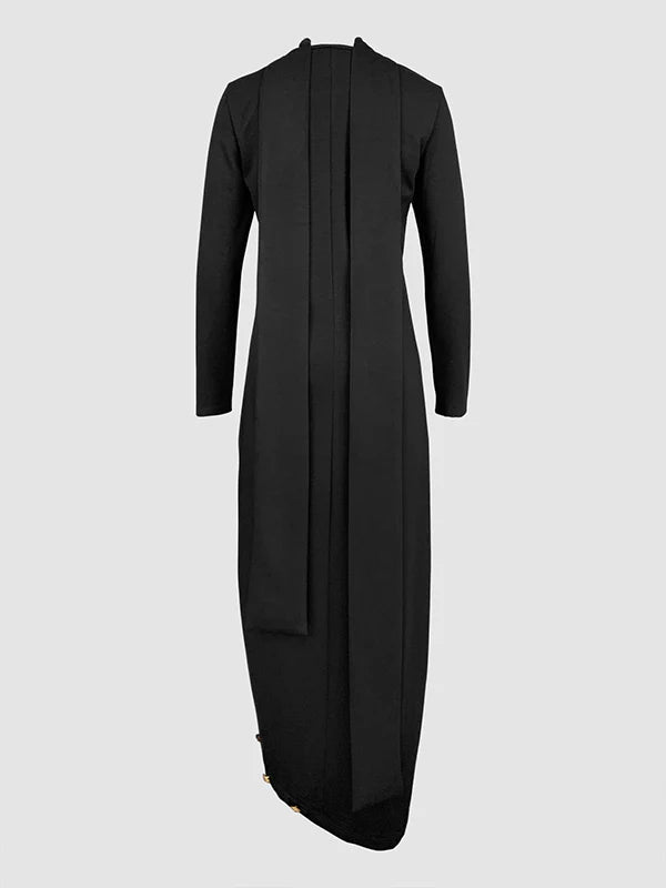 Long Sleeves Loose Asymmetric Buttoned Split-Joint Split-Side Mock Neck Maxi Dresses 173681 Long Sleeves Loose Asymmetric Buttoned Split-Joint Split-Side Mock Neck Maxi Dresses 173681