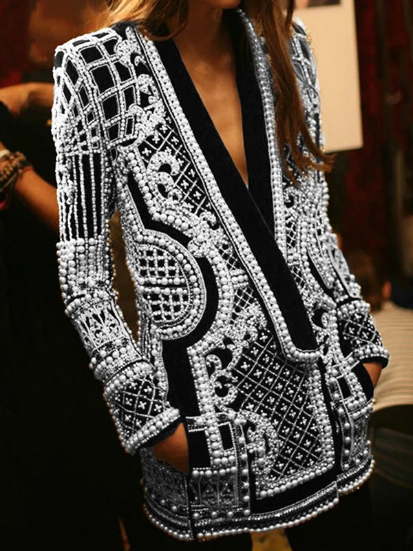 Original Creation Loose Long Sleeves Beads Printed V-Neck Blazer Outerwear 111148 Original Creation Loose Long Sleeves Beads Printed V-Neck Blazer Outerwear 111148