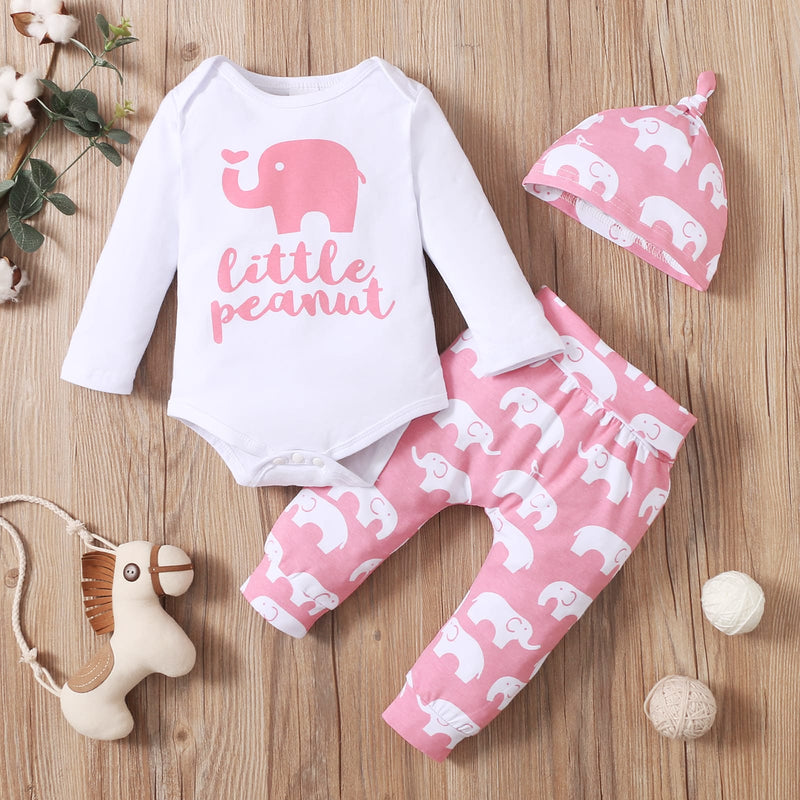 PatPat 3-piece Baby Boy/Girl Cotton Long-sleeve Letter and Elephant Print Bodysuit and Pants with Hat Set Sets Clothes 6-9M 20136030 - Tuzzut.com Qatar Online Shopping