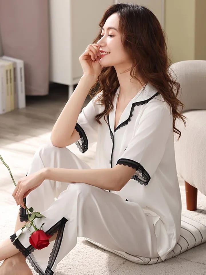 Satin Pyjama Femme Short Sleeves Lace Sleepwear White Sleep Suit Sexy