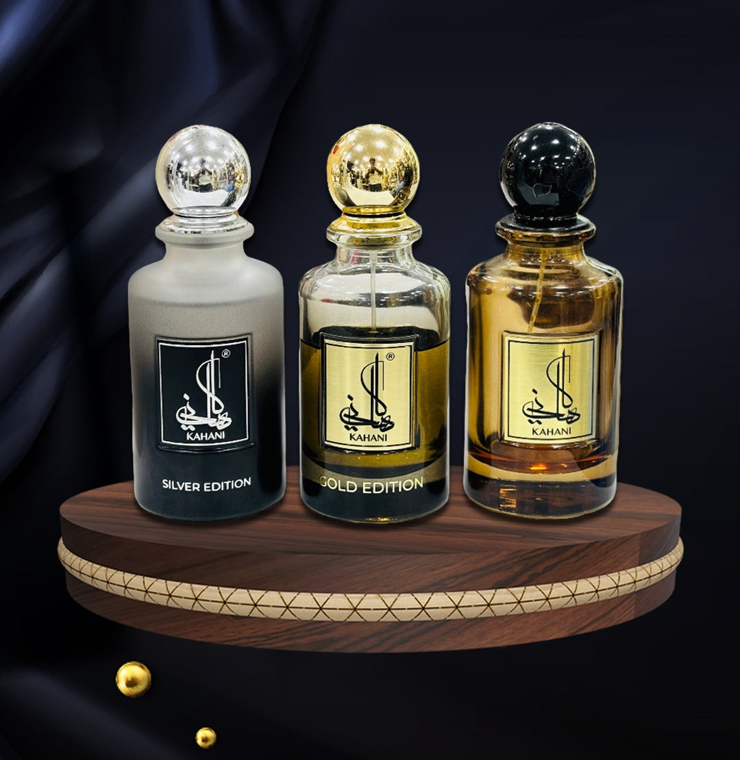KAHANI Gold ,Silver Editions and Kahani Perfume EDP Perfumes 100ML by Zahrat Dubai (KAHANI BUNDLE ) KAHANI Gold ,Silver Editions and Kahani Perfume EDP Perfumes 100ML by Zahrat Dubai (KAHANI BUNDLE )