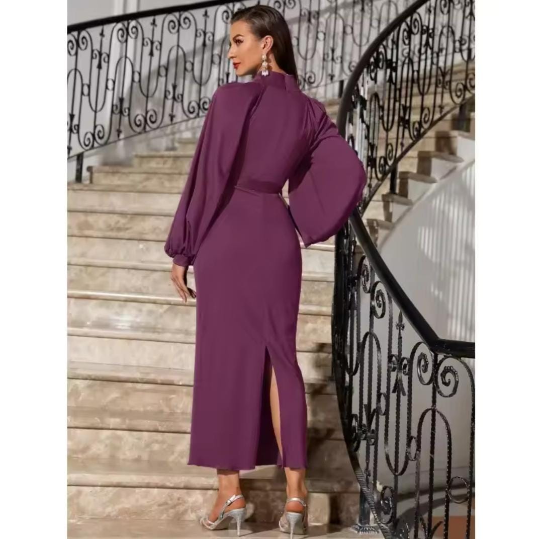 Women's Elegant Short Sleeve Stand Collar Sleeve High Waist Dress S0148663 Women's Elegant Short Sleeve Stand Collar Sleeve High Waist Dress S0148663