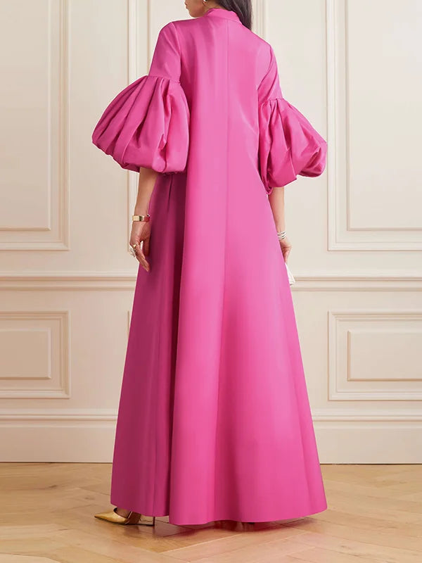 Loose Flower Shape Solid Color Stand Collar Lantern Sleeves Maxi Dresses 126174