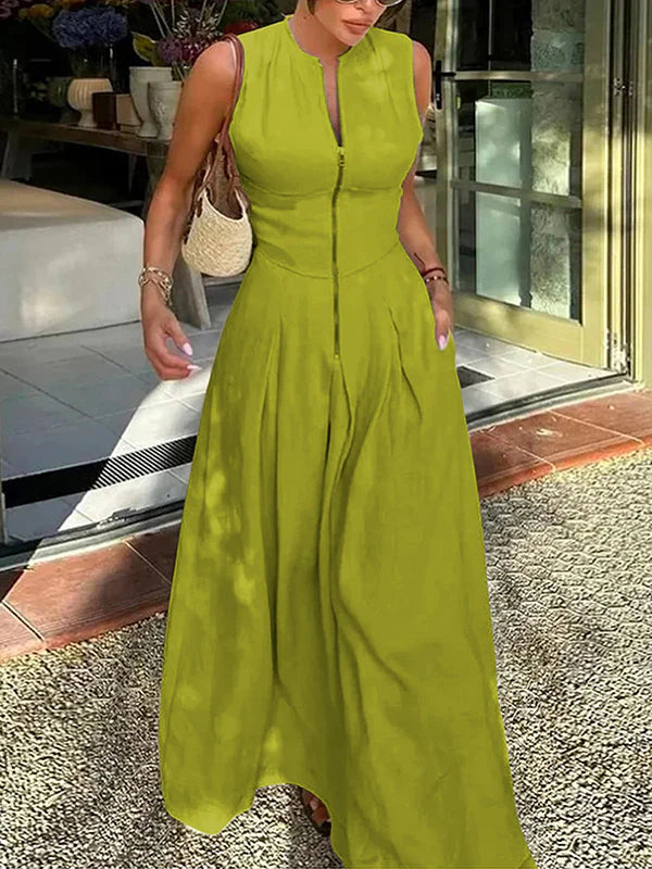 A-Line Loose Pleated Pockets Split-Joint Zipper Round-Neck Maxi Dresses 163220 A-Line Loose Pleated Pockets Split-Joint Zipper Round-Neck Maxi Dresses 163220