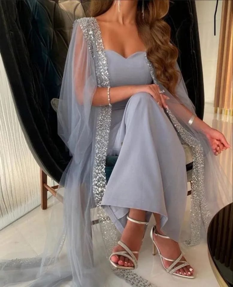 Grey Blue Arabia Prom Dresses Mermaid With Cape Sleeveless Ankle-Length Formal Dresses For Women Party Gown L 070634293 - Tuzzut.com Qatar Online Shopping