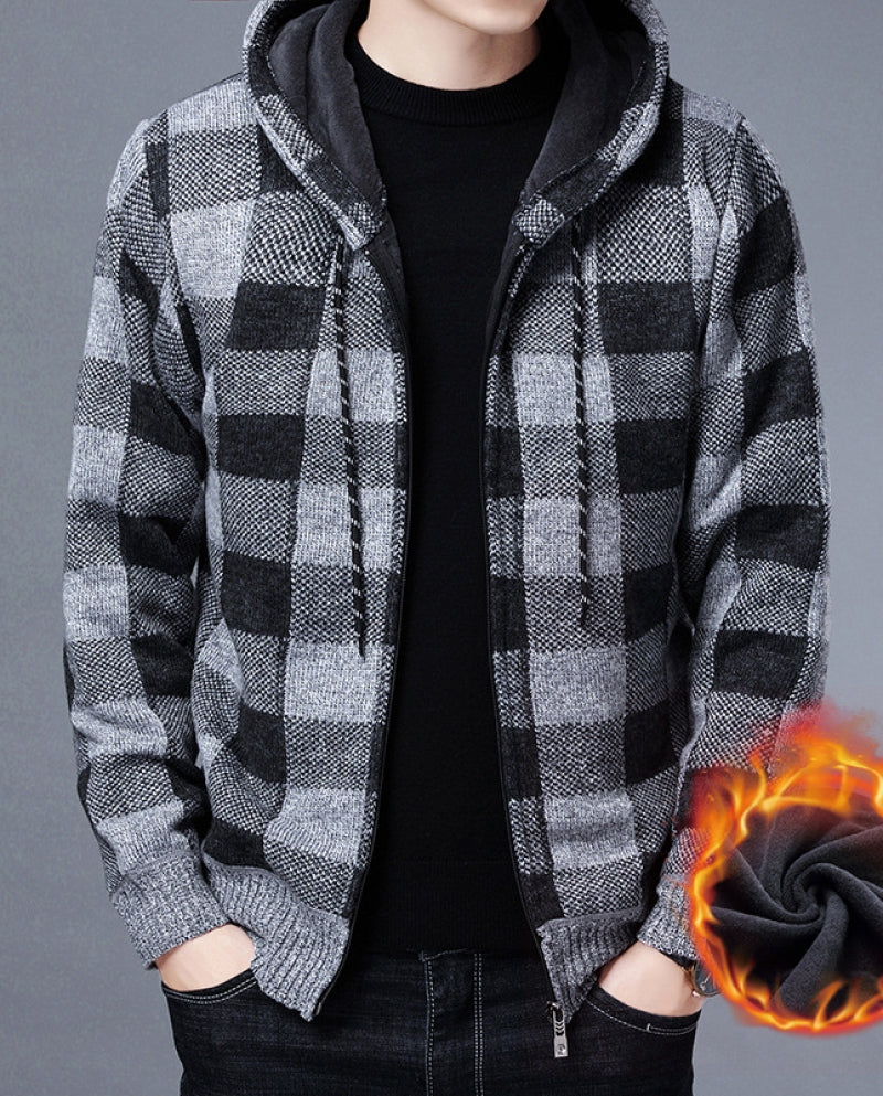 New Mens Sweater Coat Autumn Winter Thick Warm Hooded Plaid Wool Sweater Cardigan Jumpers Zipper Fleece Coat For Man 3XL X5062690 - Tuzzut.com Qatar Online Shopping