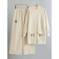 Designer Suit Zipper Loose Knit Sweater Long Top+Drawstring Wide Leg Pant SP55 - TUZZUT Qatar Online Shopping