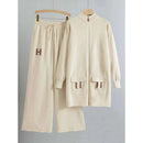 Designer Suit Zipper Loose Knit Sweater Long Top+Drawstring Wide Leg Pant SP55 - TUZZUT Qatar Online Shopping