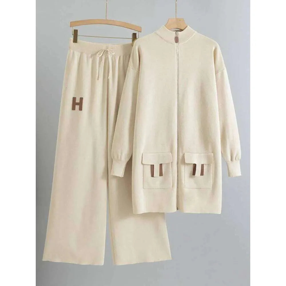 Designer Suit Zipper Loose Knit Sweater Long Top+Drawstring Wide Leg Pant SP55 Designer Suit Zipper Loose Knit Sweater Long Top+Drawstring Wide Leg Pant SP55