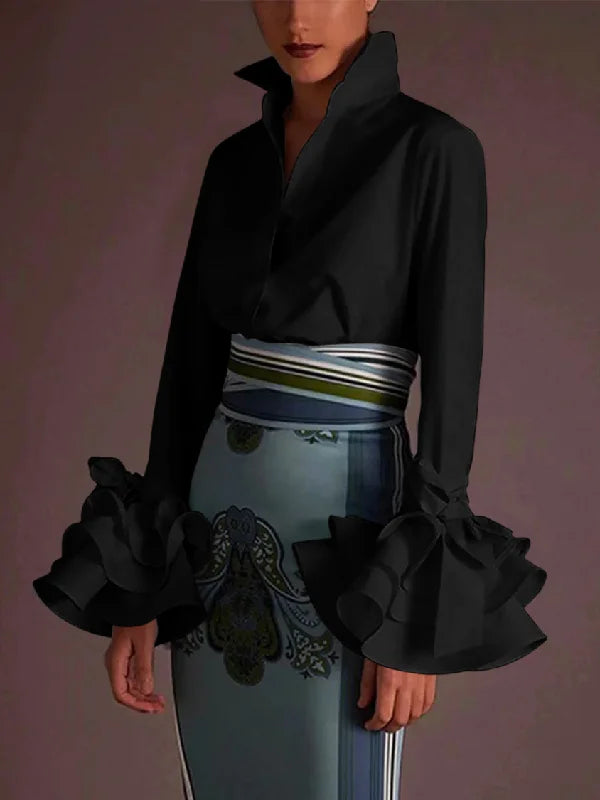Flared Sleeves Bow-Embellished Falbala Solid Color Lapel Blouses&Shirts Tops 115238 Flared Sleeves Bow-Embellished Falbala Solid Color Lapel Blouses&Shirts Tops 115238