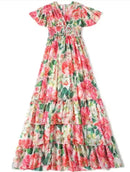 Women's Bohemian Floral Maxi Dress, Bohemian Flower Print, V Neck, Butterfly Sleeve, Elastic Waist, Cascading Ruffles, Long, Summer    X4465536 - TUZZUT Qatar Online Shopping