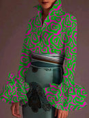 Fashion Falbala Flared Sleeves Printed Lapel Collar Blouses&Shirts Tops 117240 - L - TUZZUT Qatar Online Shopping