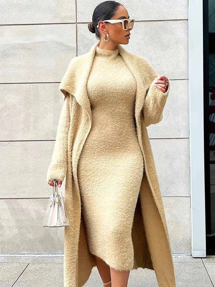 Belt Coral Fleece Women Long Cardigan Dress 2 Piece Set Autumn Full Sleeve Lapel Coat M B-32015 Belt Coral Fleece Women Long Cardigan Dress 2 Piece Set Autumn Full Sleeve Lapel Coat M B-32015