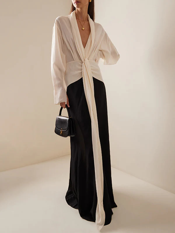 Long Sleeves Loose Contrast Color V-Neck Evening Dresses 140746 Long Sleeves Loose Contrast Color V-Neck Evening Dresses 140746