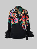 Flared Sleeves Long Sleeves Buttoned Contrast Color Flower Print Lapel Tops 141965 - TUZZUT Qatar Online Shopping