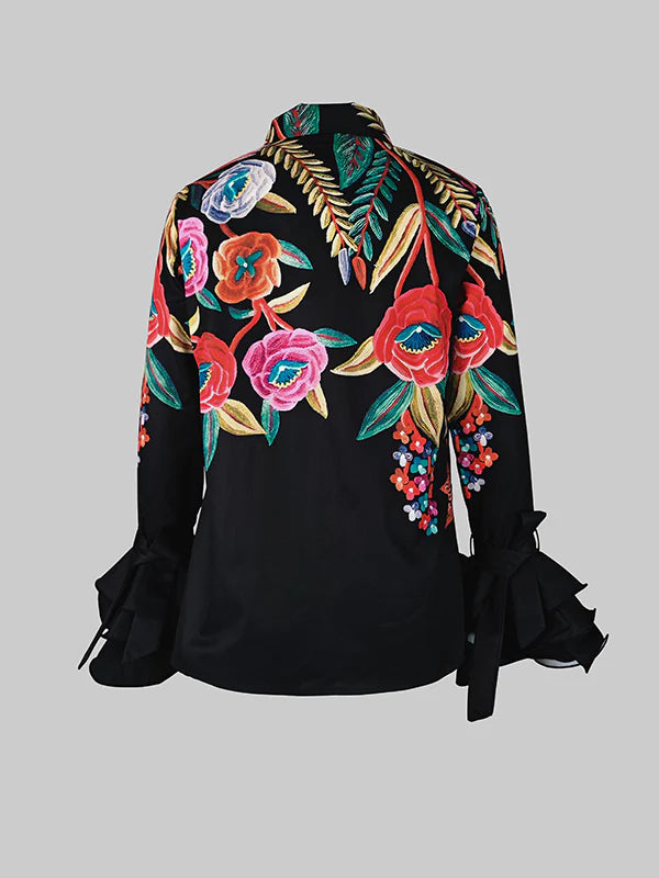 Flared Sleeves Long Sleeves Buttoned Contrast Color Flower Print Lapel Tops 141965 Flared Sleeves Long Sleeves Buttoned Contrast Color Flower Print Lapel Tops 141965